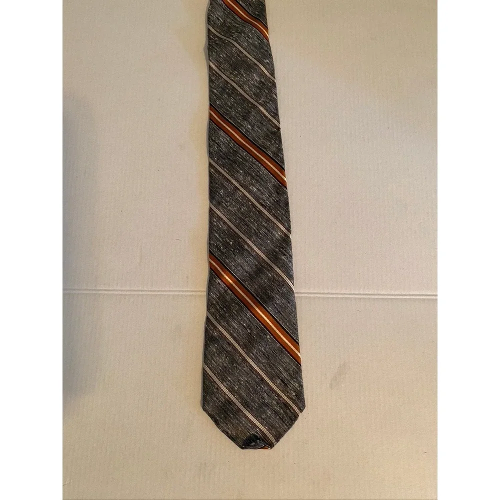 Fashion Craft Mens Silk Tie Grey Orange Striped Textured Slub Skinny Vintage